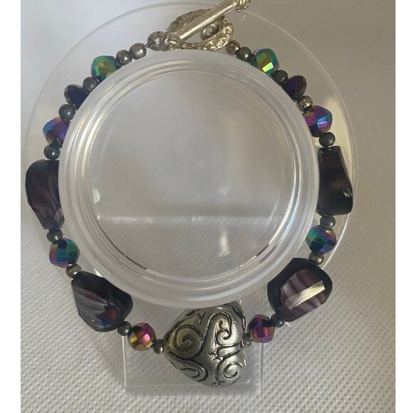 Iridescent Purple Glass Bead Bracelet with Silver Heart Charm Boho Y2K - Picture 10 of 17